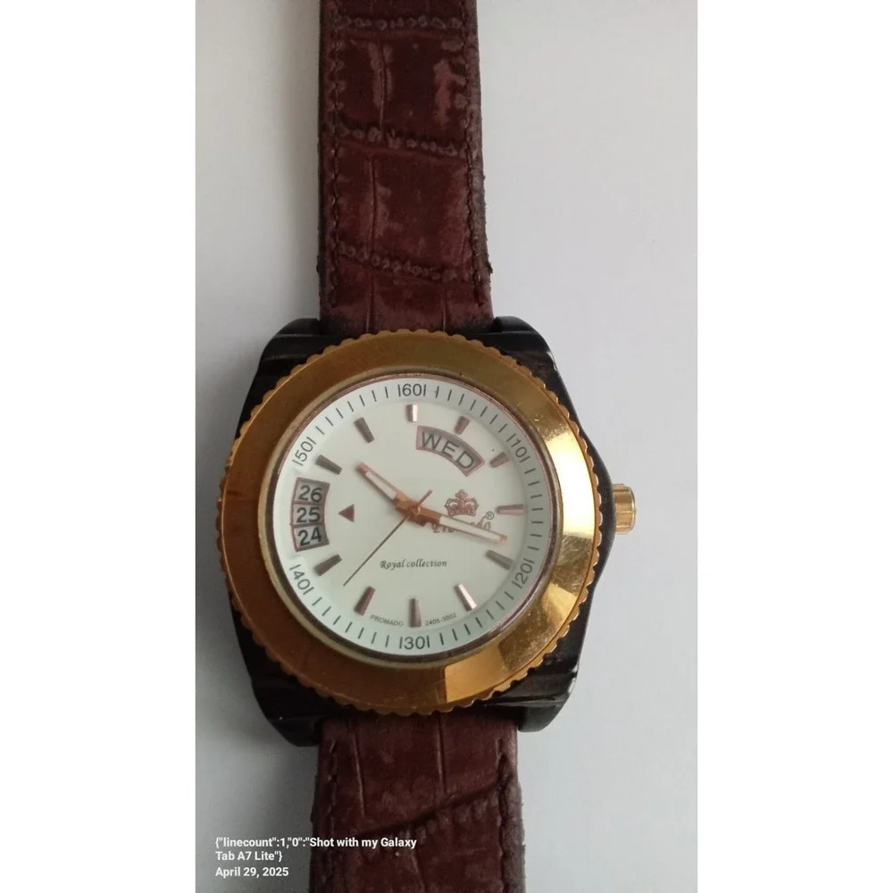 Promado Royal Collection Day Date Gold Tone Bezel Brown‎ Band Watch